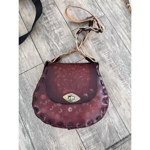 Vintage Mexico Women's Brown Floral Leather Boho Hippie Crossbody Bag